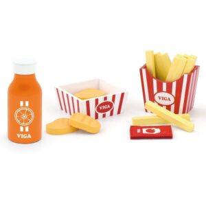 Drewniane jedzenie zestaw fastfood - frytki, nuggets, napój